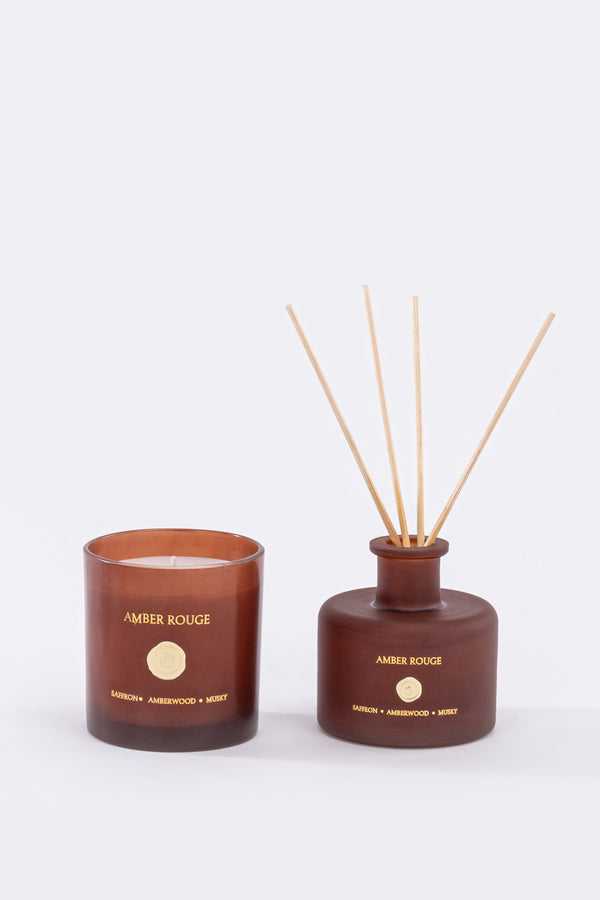 Amber Rouge Set of 2 | Matt Amber | Scented Candle & Diffuser | Saffron, Amberwood, Mandarin