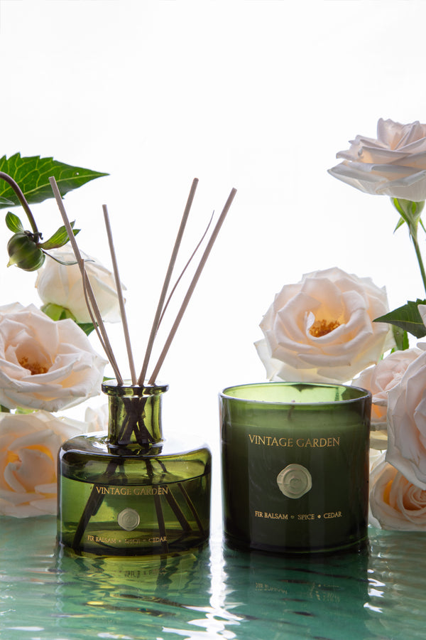 Vintage Garden Set of 2 | Olive | Scented Candle & Diffuser | Fir Balsam, Spice, Cedar