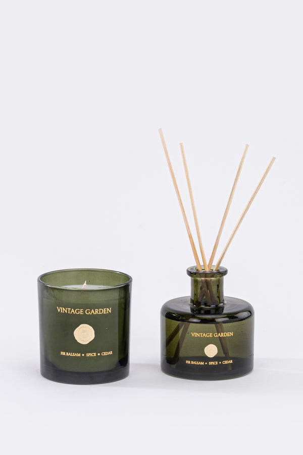 Vintage Garden Set of 2 | Olive | Scented Candle & Diffuser | Fir Balsam, Spice, Cedar