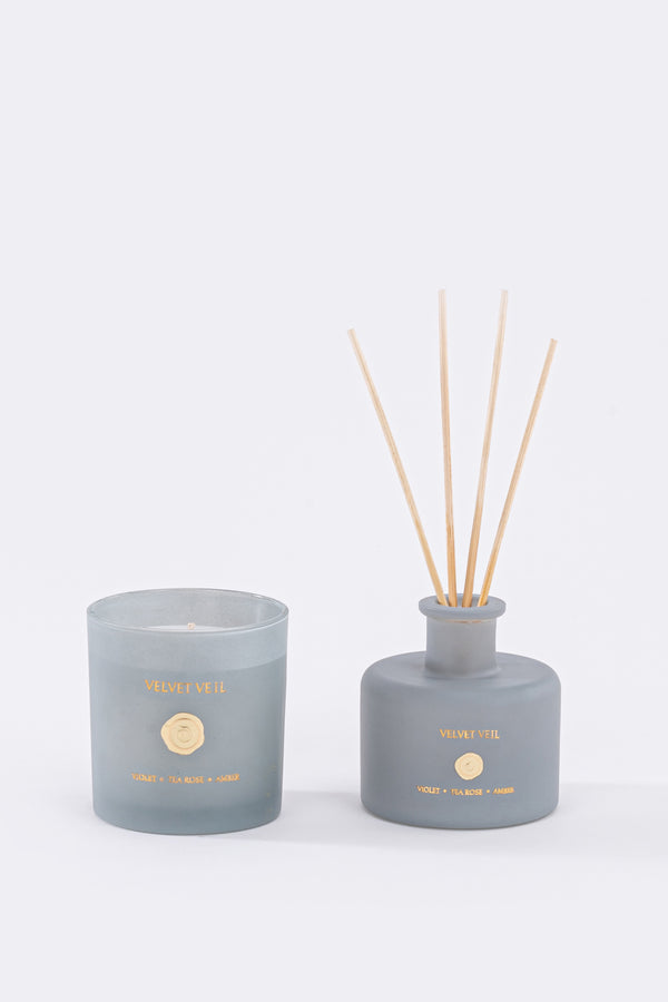 Velvet Veil Set of 2 | Matt Grey | Scented Candle & Diffuser | Violet, Tea rose, Amber
