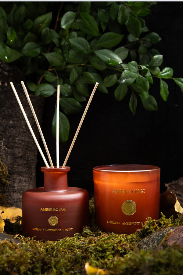 Amber Rouge Set of 2 | Matt Amber | Scented Candle & Diffuser | Saffron, Amberwood, Mandarin