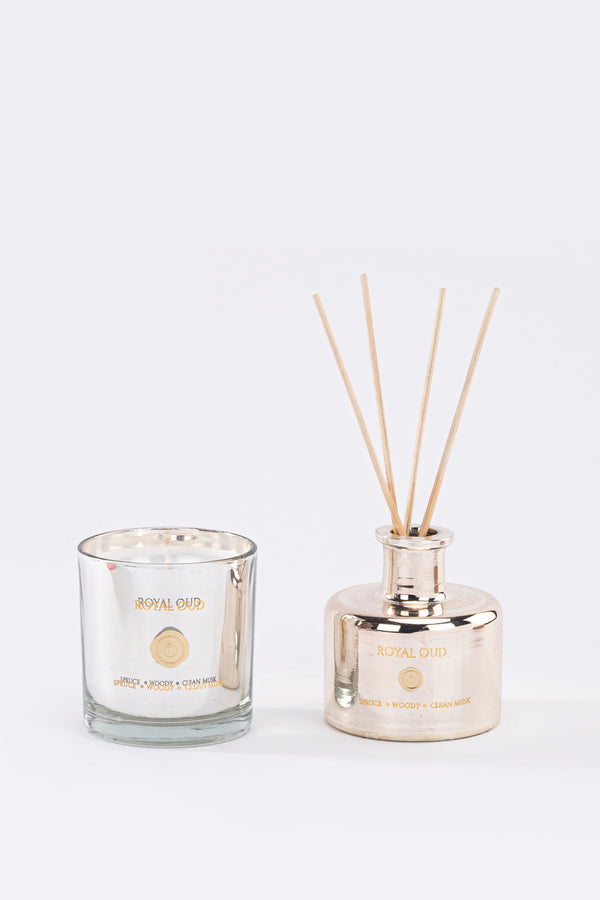 Royal Oud of 2 | Metallic Silver | Scented Candle & Diffuser | Fir Balsam, Woody, Clean Musk