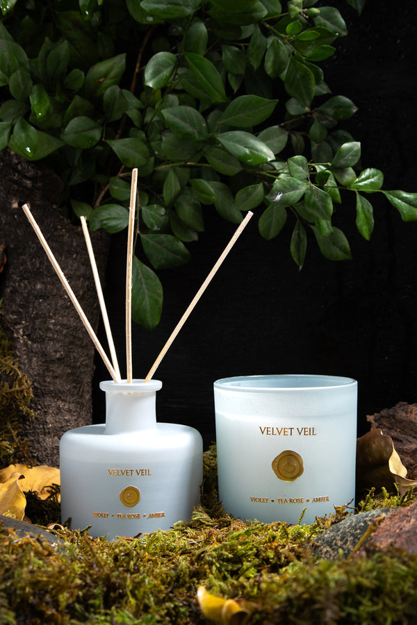 Velvet Veil Set of 2 | Matt Grey | Scented Candle & Diffuser | Violet, Tea rose, Amber